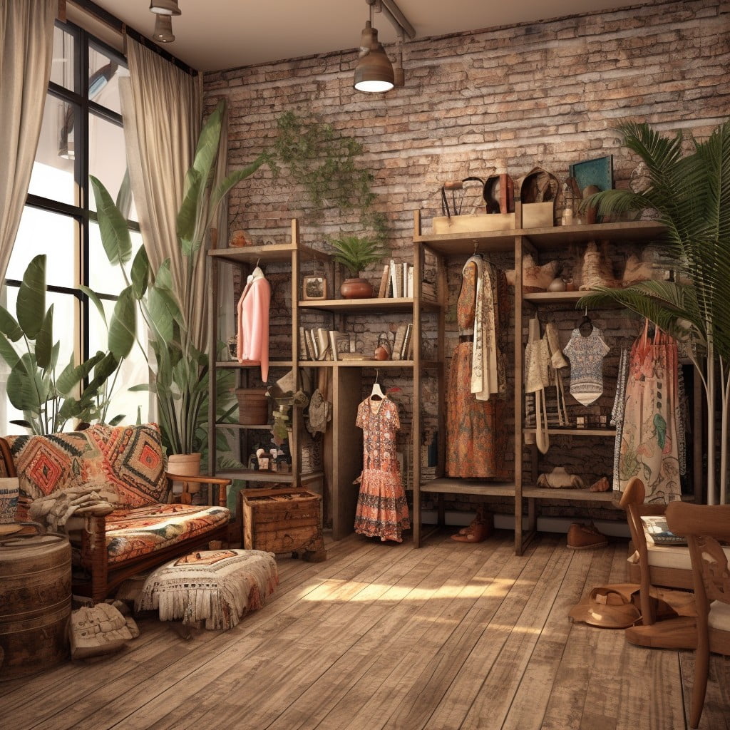 A Rustic Bohemian Style With Plants and Mixed Patterns for a Very Small Boutique