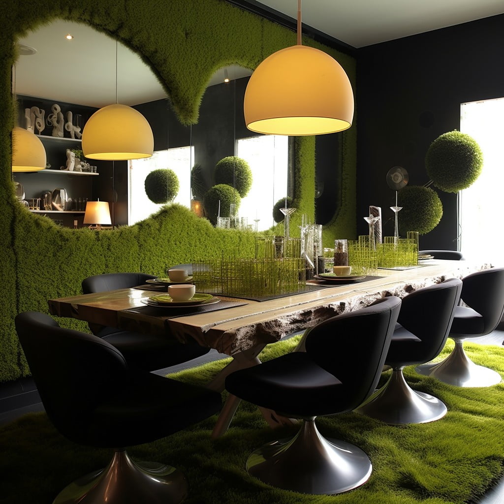 Dining Area With Artificial Grass Wall and Mirrors