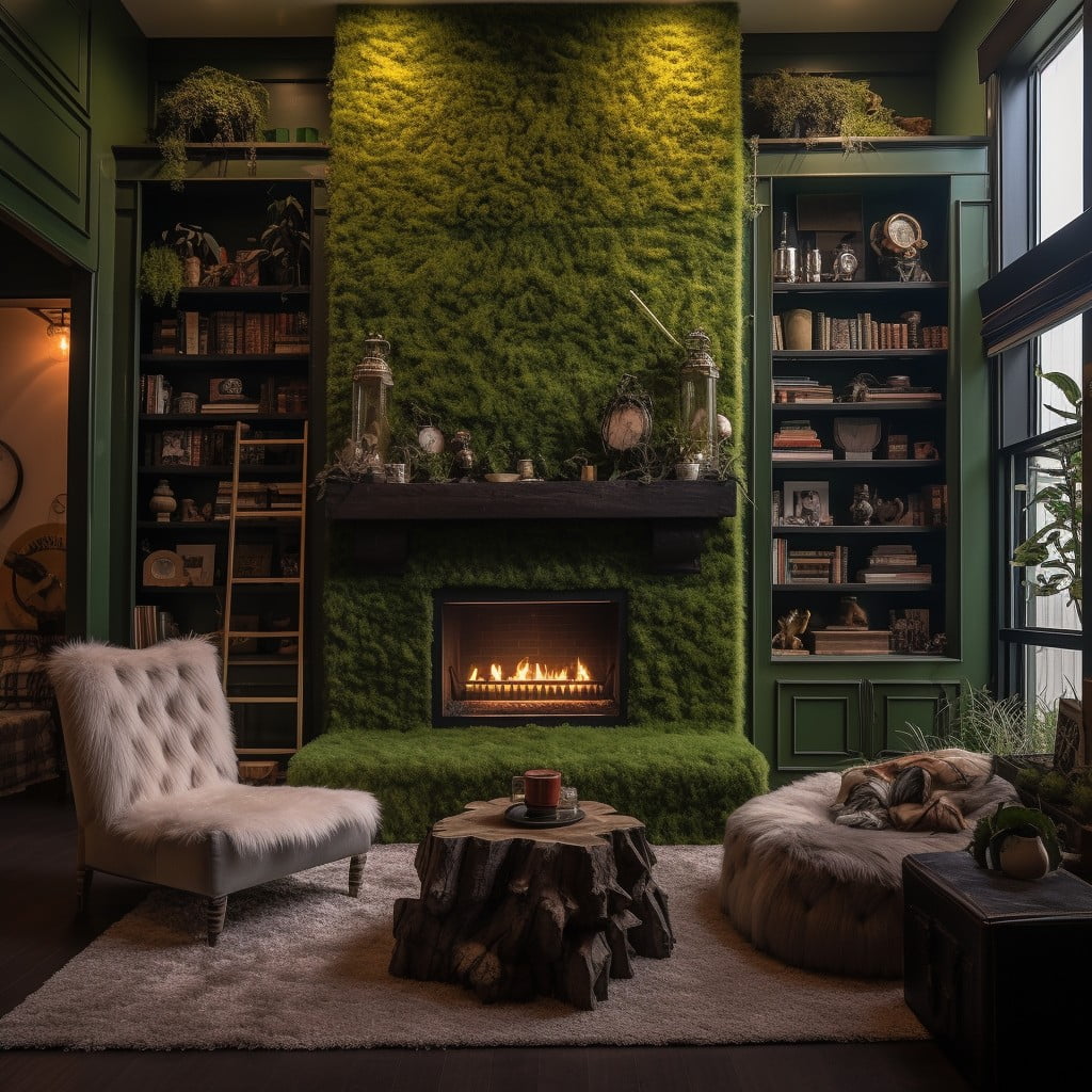 Faux Grass Wall With Built-in Fireplace