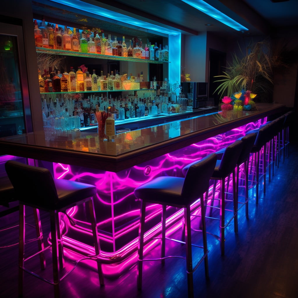 Neon Lit Bar for a Funky Feel Basement Bar Design