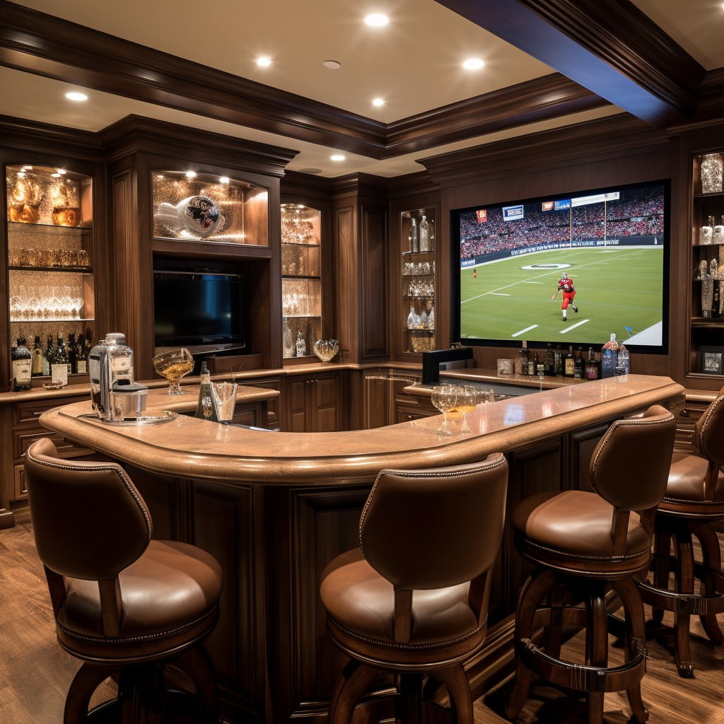 Sports Theme Bar With a Large Screen TV Basement Bar Design