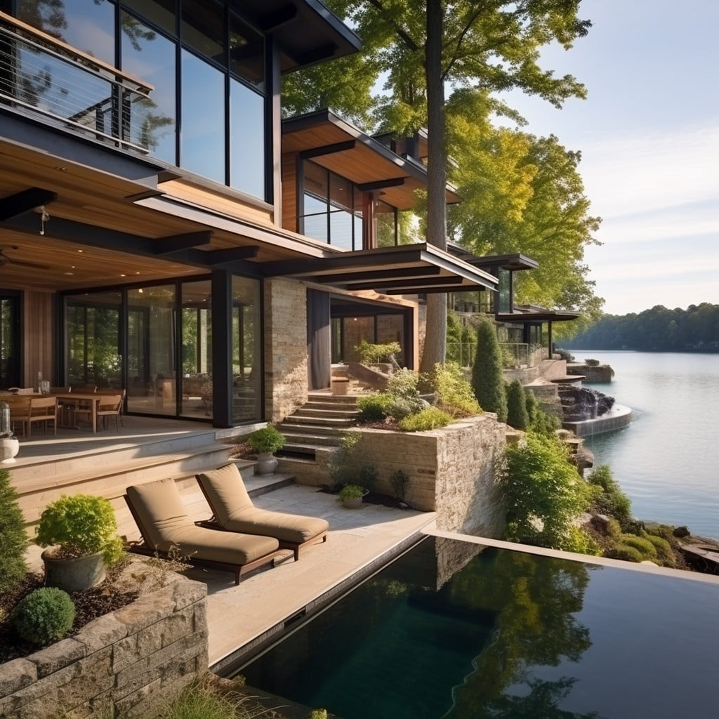 Natural Wood and Stone Elements Lake House Design