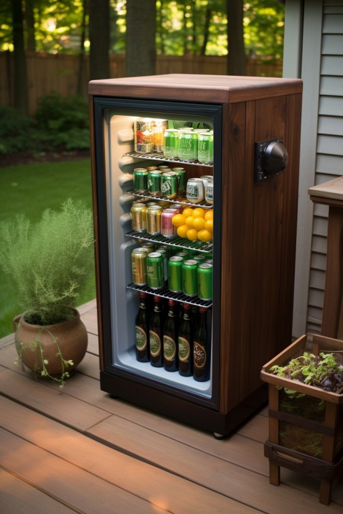 Outdoor Mini-fridge for Beverages Backyard BBQ Area --ar 2:3