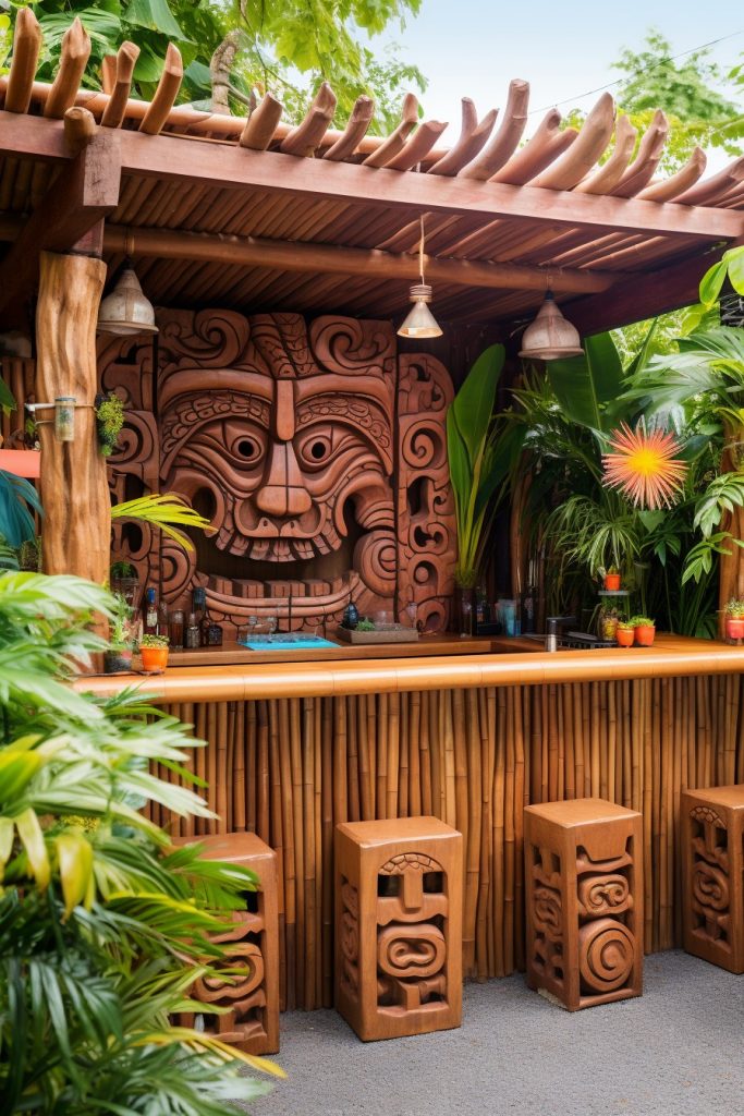 Tropical-themed Tiki Bar Backyard BBQ Area --ar 2:3