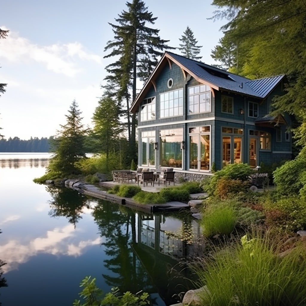 Use of Cool, Calming Colors to Mirror the Lake, Lake House Design