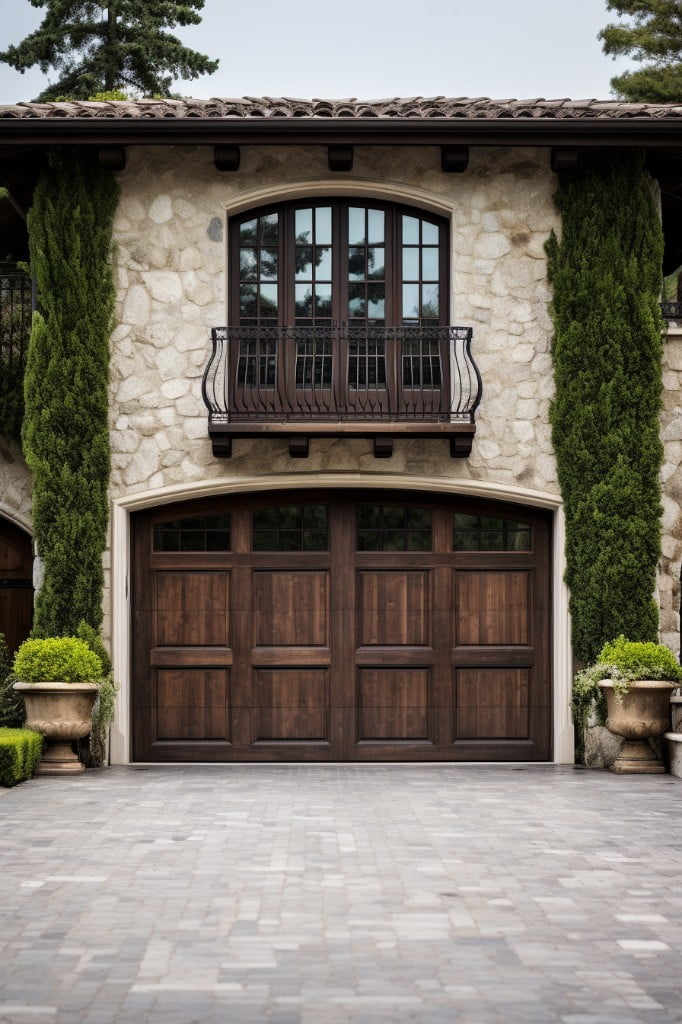 wood garage doors with wrought iron details