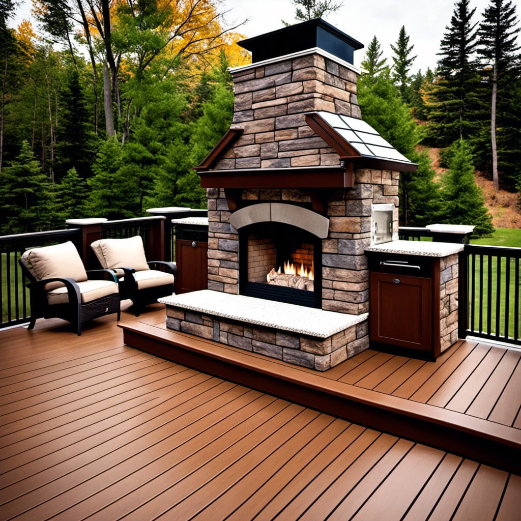 trex deck with an outdoor fireplace